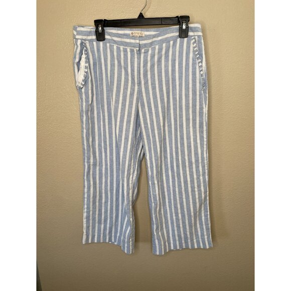Eliane Rose womens Blue White Striped Cropped Pants 10 linen pockets wide leg - Picture 1 of 7